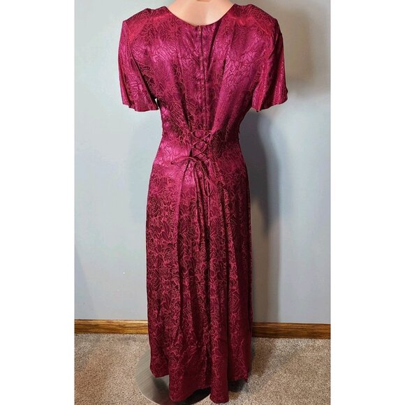 Vintage 90s Dress Floral Brocade Satin 3D Rose Lace Red Gilded Age Holiday Large - Picture 6 of 11